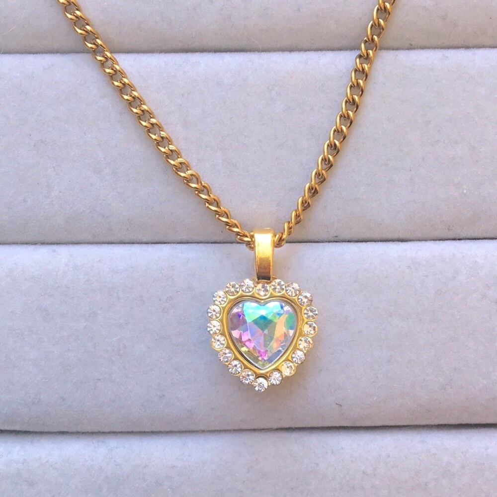 Aurora Borealis + Gold Crystal Halo Heart Drop Pendant Necklace